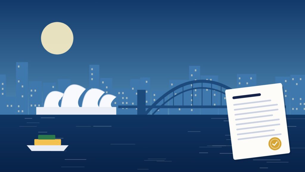 Serve process in Australia: Sydney Opera House and Harbour Bridge with a court document