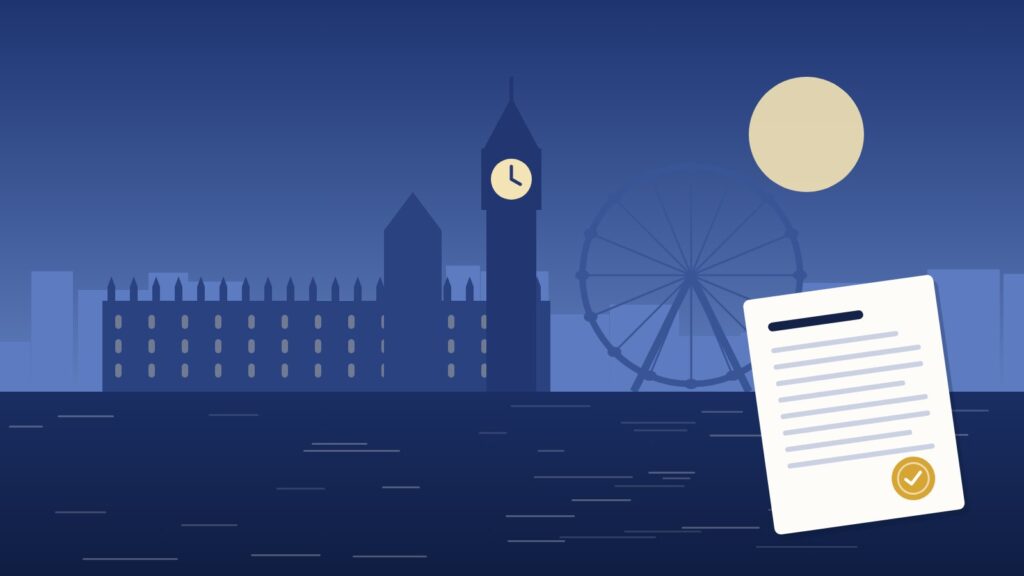 Illustration of the London skyline on the Thames with a court document