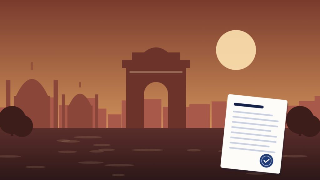 Illustration of a monumental arch in New Delhi at sunset with a court document