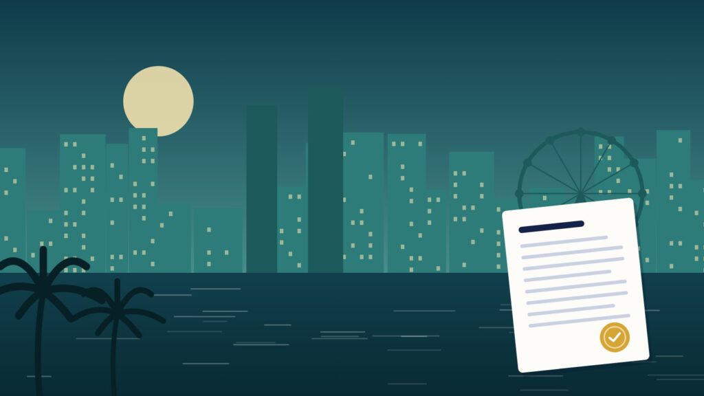Illustration of the Singapore skyline at dusk with a court document